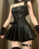 Korean-Style Vegan Leather Two Piece Set featuring a corset and skirt with thigh-highs.