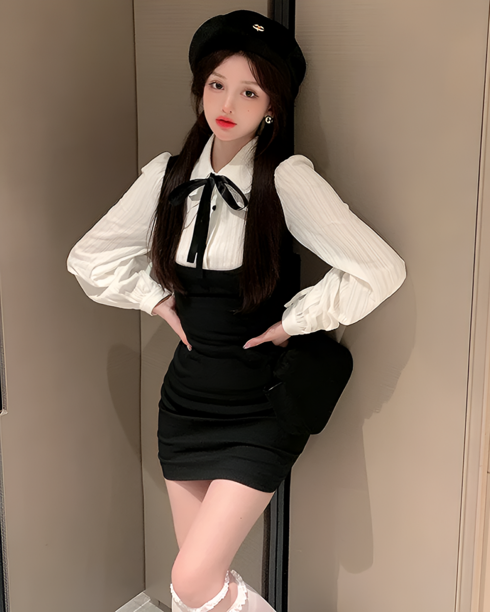 Woman wearing a Korean preppy mini dress with a black top and vest, accessorized with a beret.