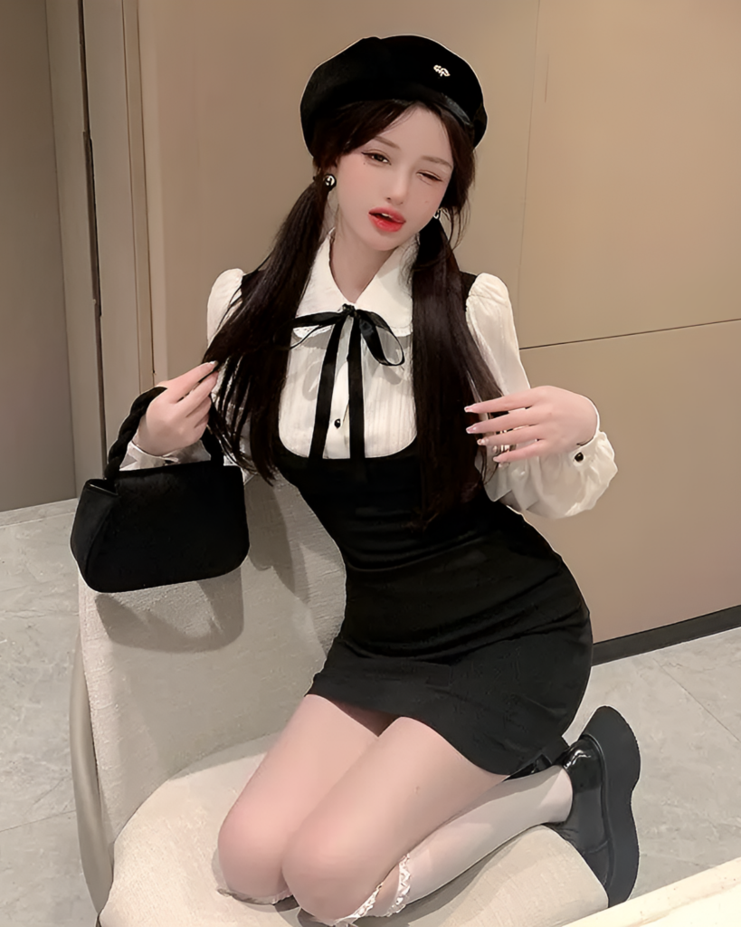 Black Korean preppy mini dress with a bow collar and hat accessory.