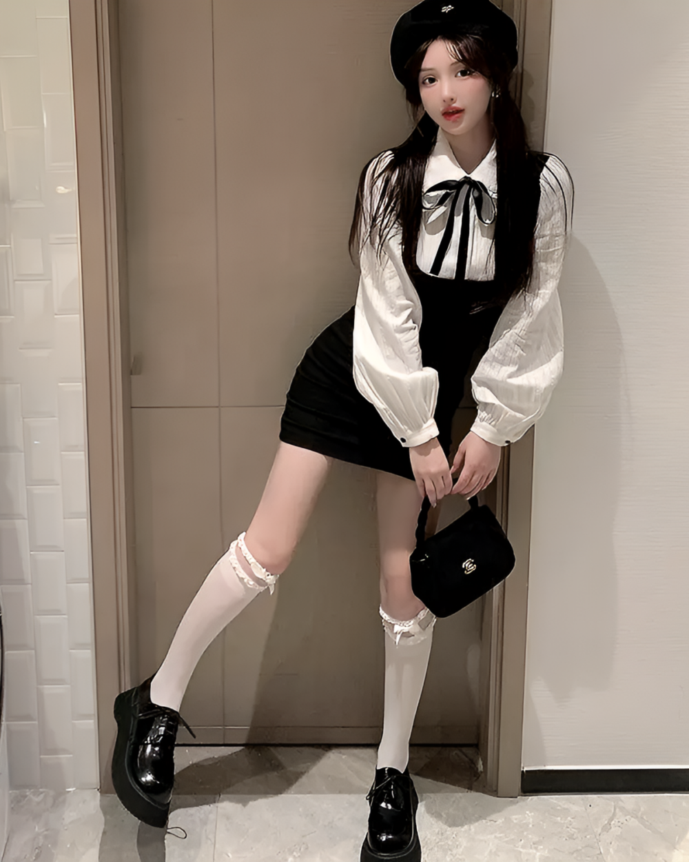 Korean preppy mini dress with black and white shirt, skirt, and accessories.
