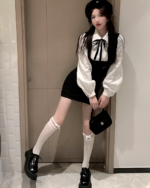 Korean preppy mini dress with black and white shirt, skirt, and accessories.