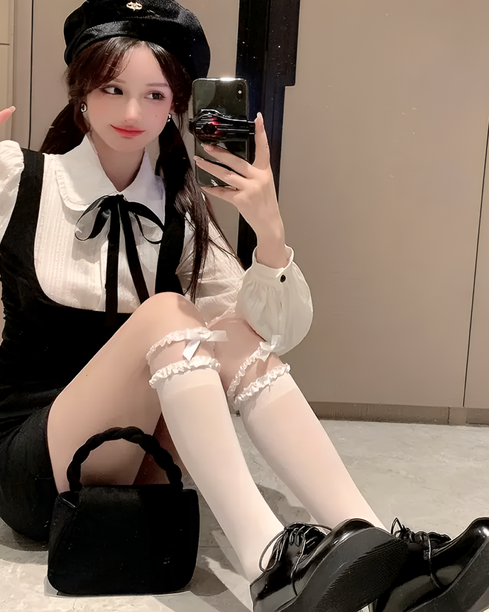 Model wearing a Korean preppy mini dress with a black vest and stockings.