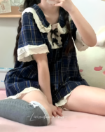 Blue plaid Korean style pajamas with ruffled details and lace trim.