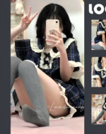 Model wearing Korean style pajamas, a plaid top and shorts, with lace trim.