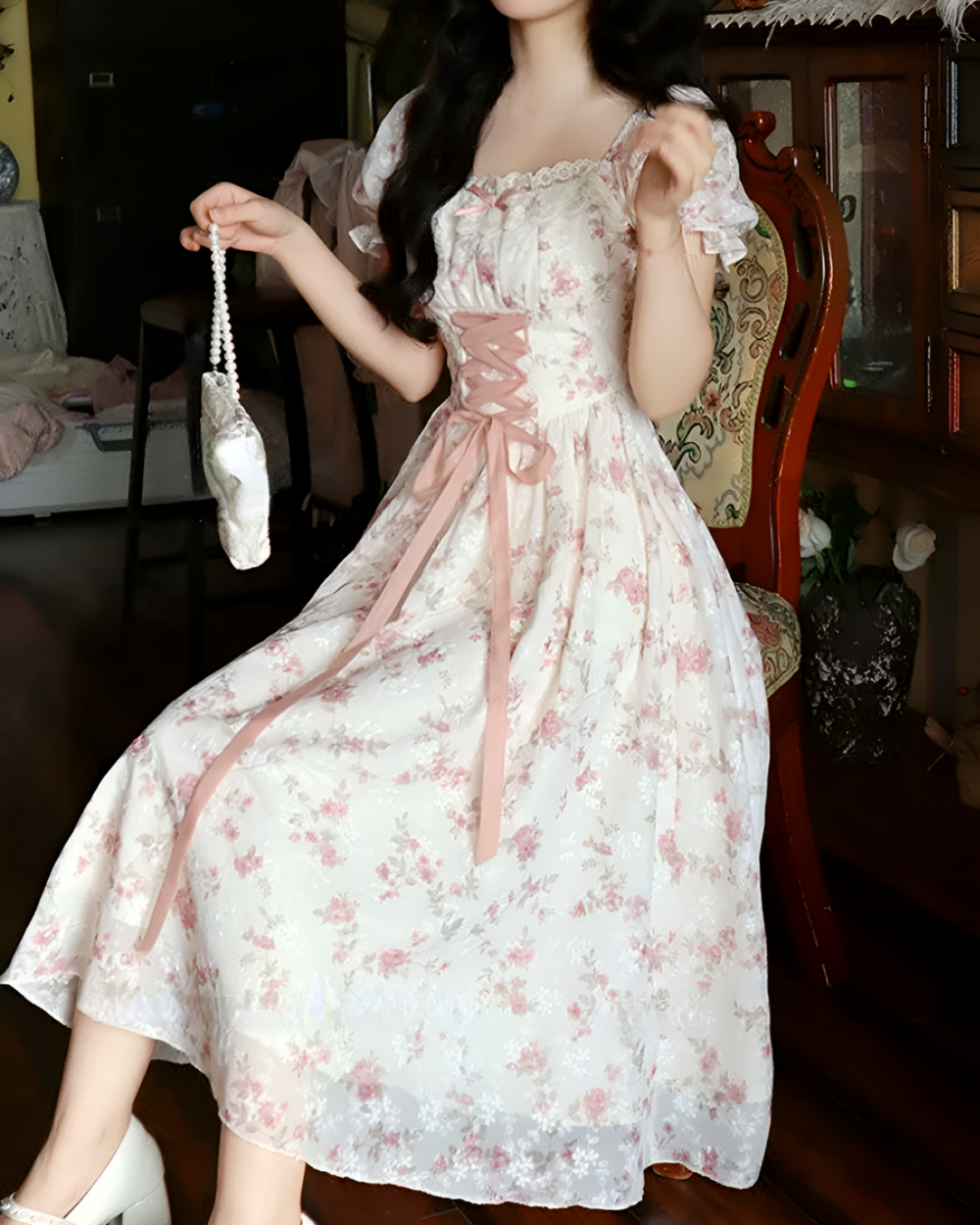 Laced Pink Dress - Cottagecore Edition, floral print dress worn by a woman.