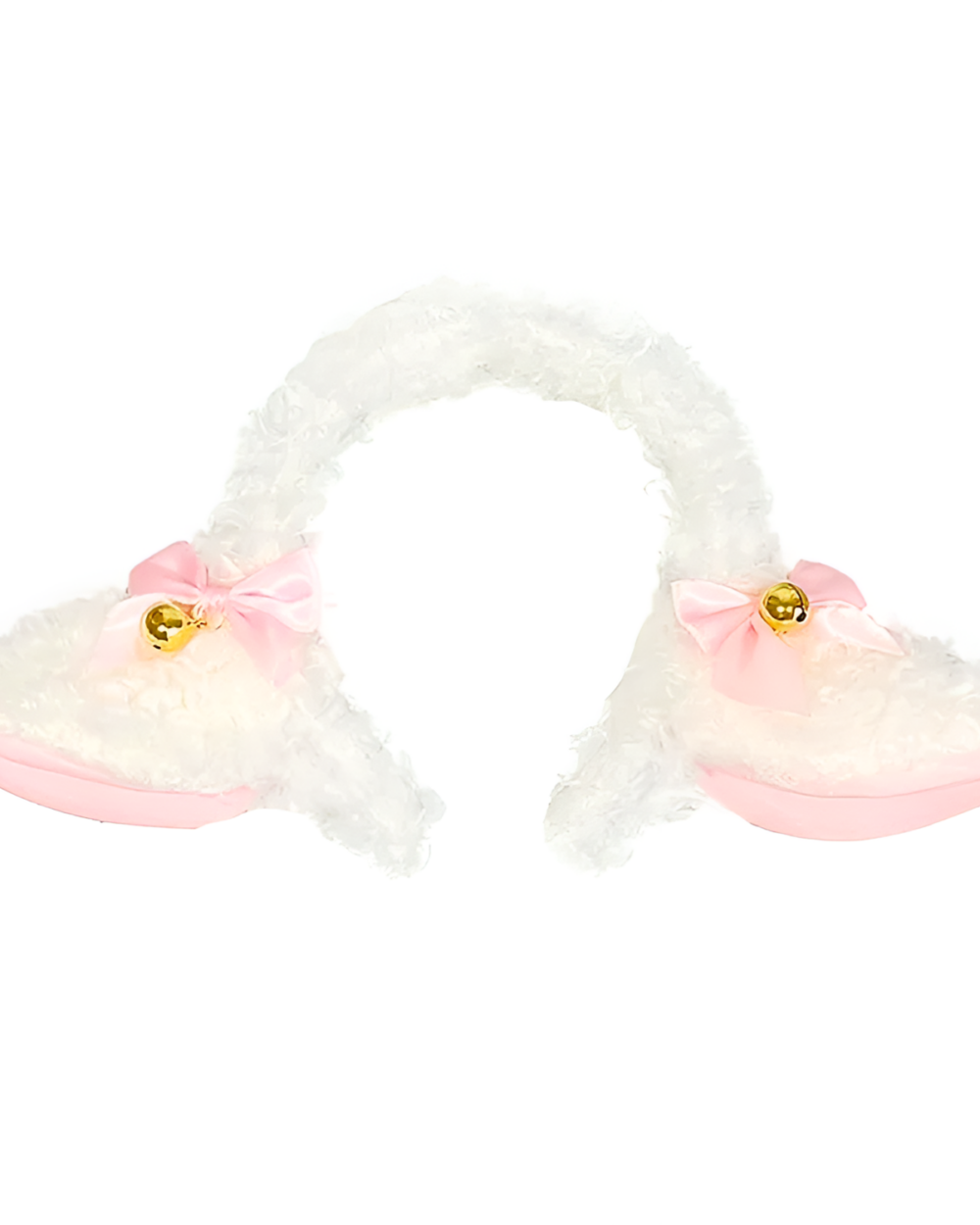 Lamb ears headband with pink bows and gold bells, a fluffy costume accessory.