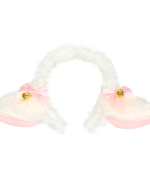 Lamb ears headband with pink bows and gold bells, a fluffy costume accessory.
