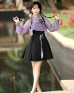 A Lavender Set - Qi Lolita outfit featuring a purple blouse, black skirt, and accessories.