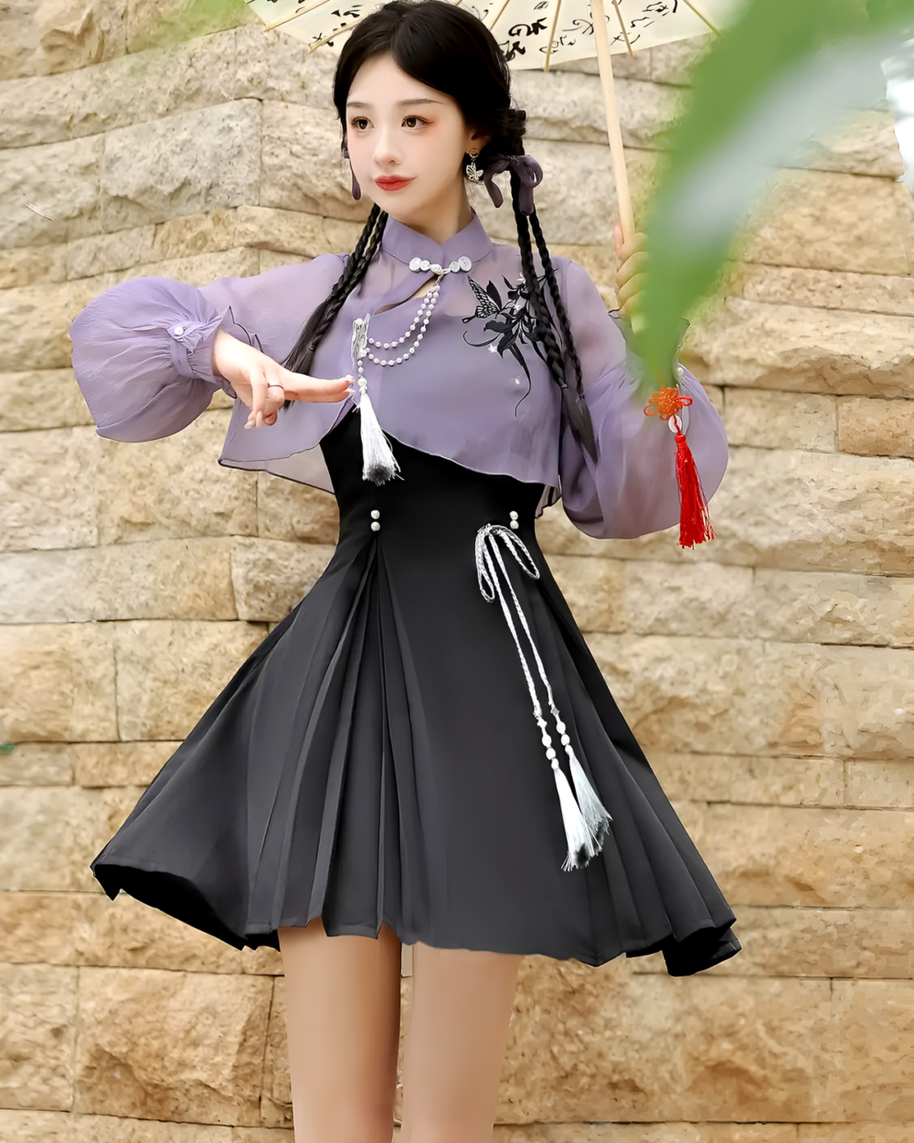 Lavender Set - Qi Lolita outfit: A black and purple dress with sheer sleeves and a matching cape, featuring decorative tassels.