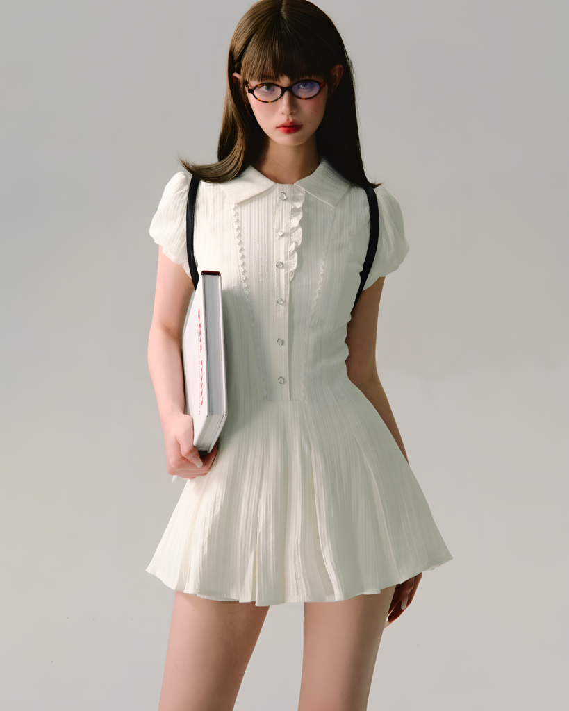 White academic aesthetic dress with ruffled collar and straps, featuring a pleated skirt and a book.