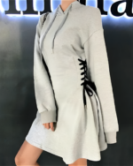 Gray Long Sleeve Dress - Acubi aesthetic dress, featuring lace detailing and a hooded design.