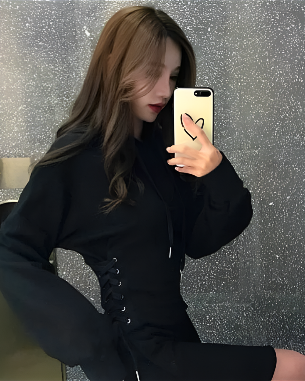 Woman wearing a black Long Sleeve Dress - Acubi aesthetic dress, selfie style.