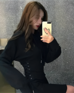 Woman wearing a black Long Sleeve Dress - Acubi aesthetic dress, selfie style.