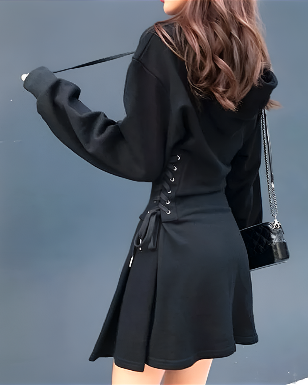 Black Long Sleeve Dress - Acubi aesthetic dress with tie detail and lace-up closure.