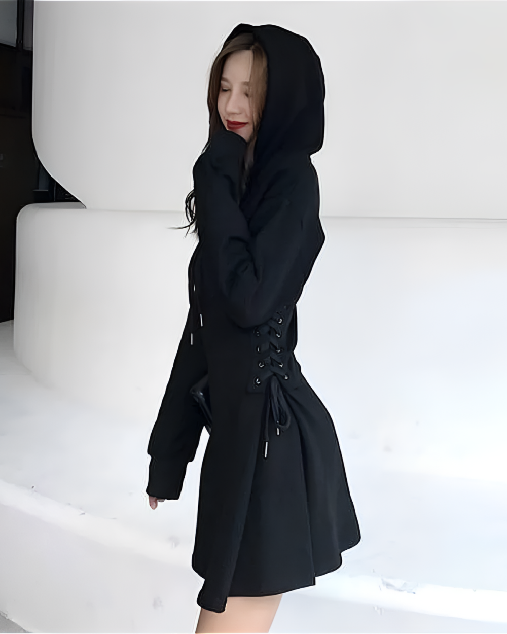 Black long sleeve Acubi aesthetic dress with a hood and lacing details.