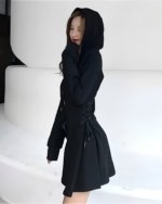 Black long sleeve Acubi aesthetic dress with a hood and lacing details.