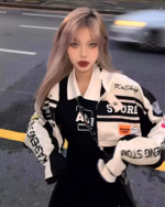 Woman wearing a Long Sleeve Racing Cardigan with a sporty design.