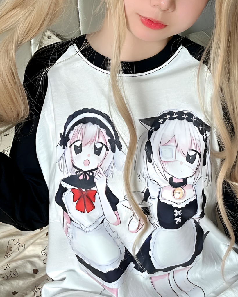 White maid print long sleeve t-shirt worn by a person.