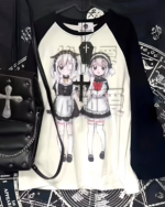 Maid print long sleeve t-shirt featuring anime-style characters and gothic elements.