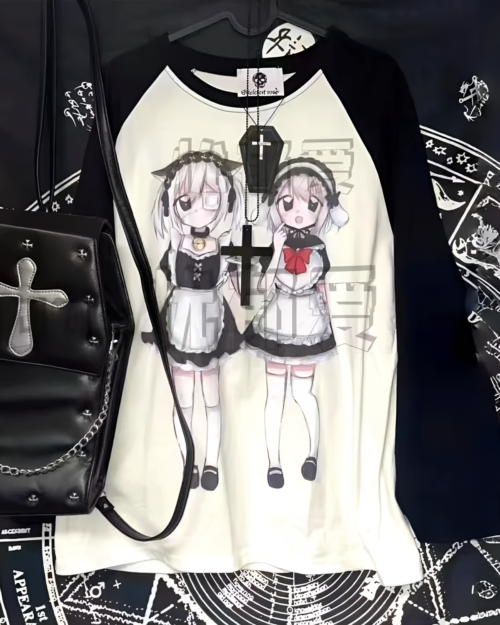Maid print long sleeve t-shirt featuring anime-style characters and gothic elements.