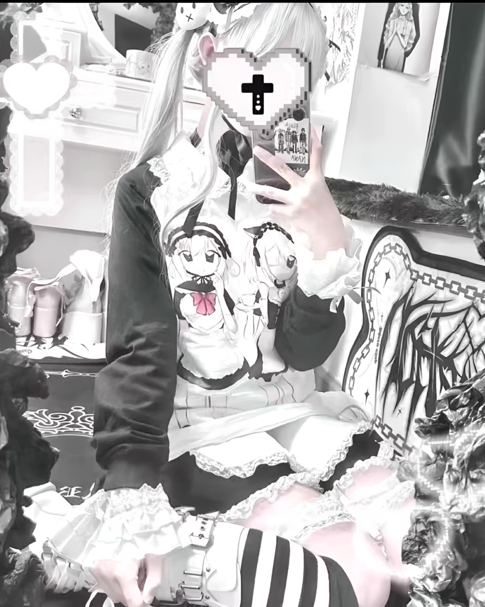 Model wearing a maid print long sleeve T-Shirt, featuring anime-style artwork.