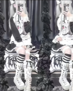 Model wearing a maid print long sleeve outfit and matching accessories.