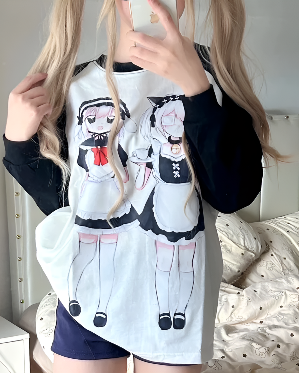 Maid print long sleeve t-shirt featuring anime character design.