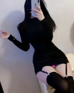 Long sleeve tight mini dress - Coquette Aesthetic with thigh-high stockings.