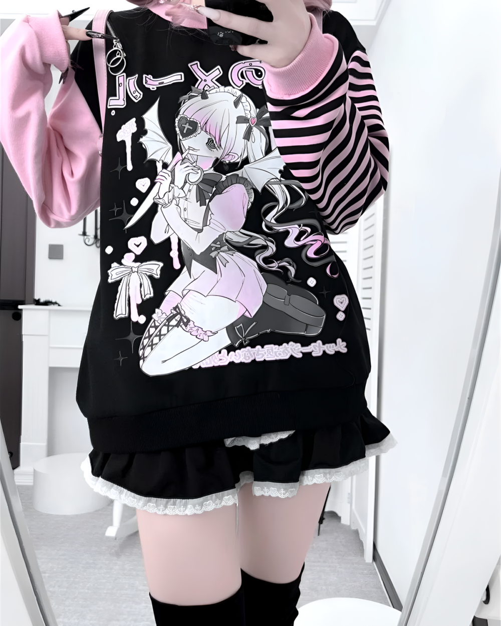 Long Sleeved Stripped T-Shirt - Yami Kawaii featuring a yami kawaii aesthetic print with anime characters.