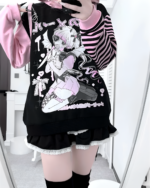 Long Sleeved Stripped T-Shirt - Yami Kawaii featuring a yami kawaii aesthetic print with anime characters.