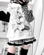 Long Sleeved Stripped T-Shirt - Yami Kawaii with anime print, layered with a skirt and accessories.