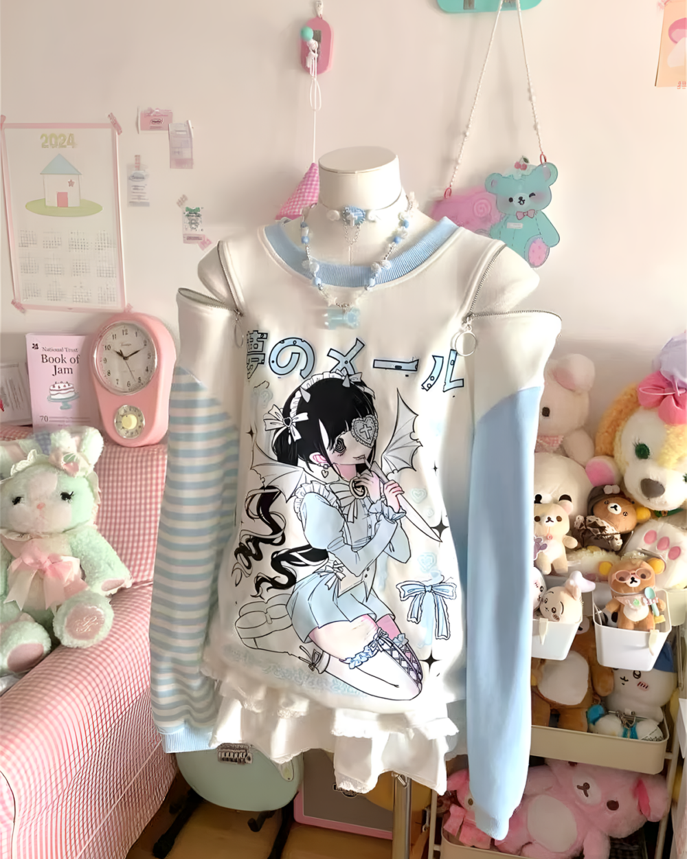 Long Sleeved Stripped T-Shirt - Yami Kawaii showcasing a colorful, cartoon-themed hoodie with kawaii accessories.