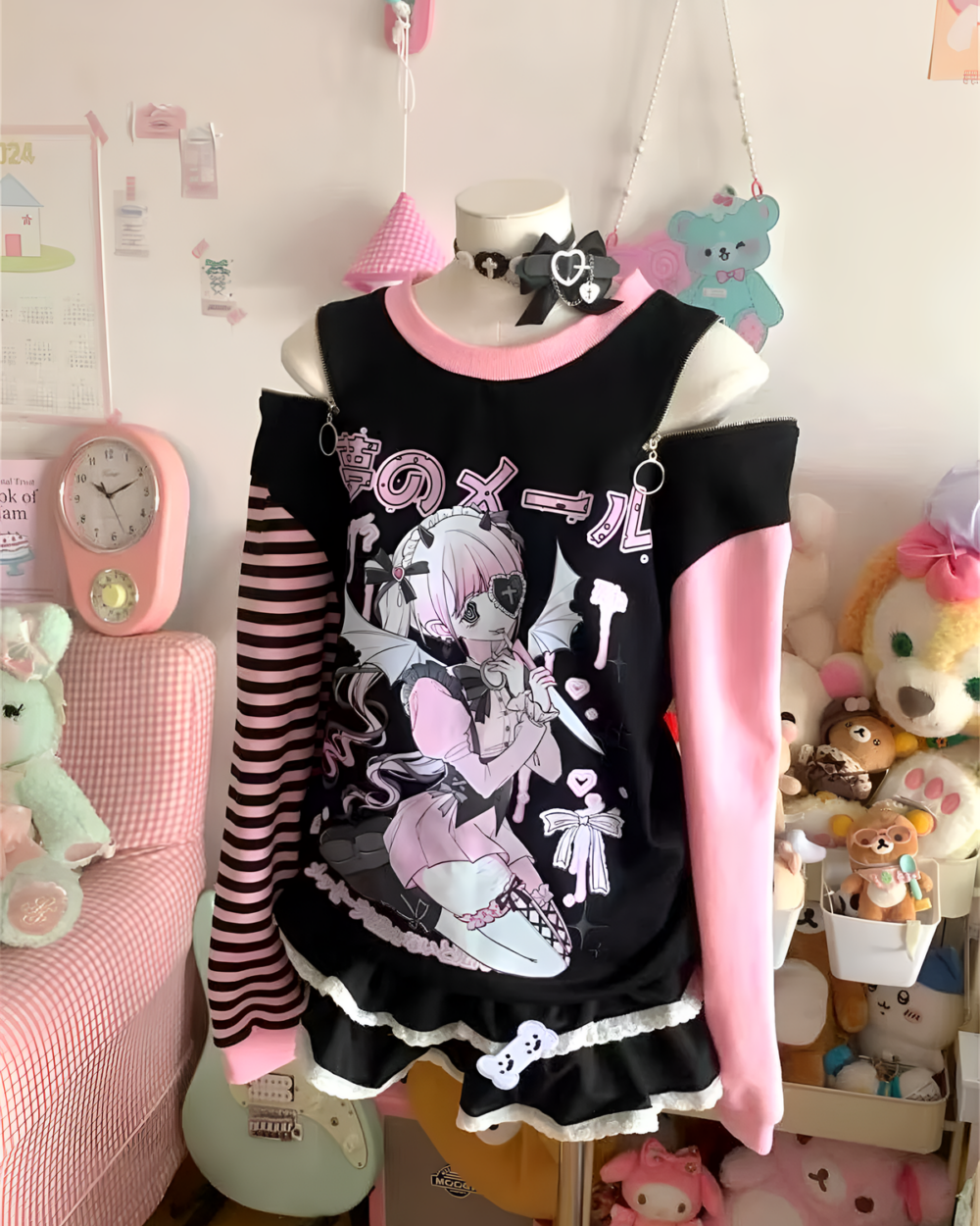 Long Sleeved Stripped T-Shirt - Yami Kawaii featuring a layered design with anime character, ruffles, and a choker necklace.