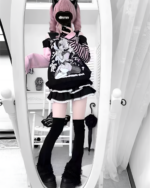 Long Sleeved Stripped T-Shirt - Yami Kawaii featuring a black graphic tee with a yami kawaii aesthetic design.