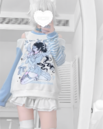 Long Sleeved Stripped T-Shirt - Yami Kawaii featuring a yami kawaii aesthetic graphic, layered with a skirt.