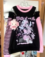 Yami kawaii aesthetic long sleeve striped t-shirt layered with a pink tank top and accessories.