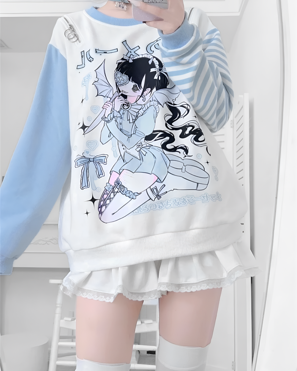 Long Sleeved Stripped T-Shirt - Yami Kawaii sweatshirt featuring a yami kawaii aesthetic graphic of a girl with a parasol.
