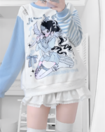 Long Sleeved Stripped T-Shirt - Yami Kawaii sweatshirt featuring a yami kawaii aesthetic graphic of a girl with a parasol.