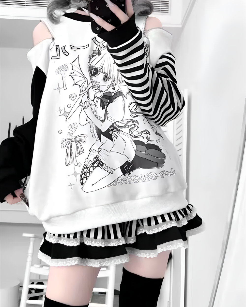 White Long Sleeved Stripped T-Shirt - Yami Kawaii featuring anime illustration and star accents.