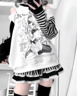 White Long Sleeved Stripped T-Shirt - Yami Kawaii featuring anime illustration and star accents.