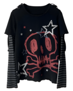 Black skull print shirt with striped sleeves and stars. Long stripped sleeves skull print shirt.