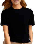 Woman wearing a black Madoka Peter Magika T-Shirt. Casual short sleeve tee for fans.