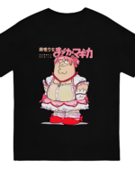 Black t-shirt featuring a graphic of Peter Griffin styled as Madoka from the anime, with Japanese text. Shop the Madoka Peter Magika T-Shirt now!