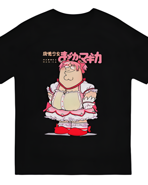 Black t-shirt featuring a graphic of Peter Griffin styled as Madoka from the anime, with Japanese text. Shop the Madoka Peter Magika T-Shirt now!