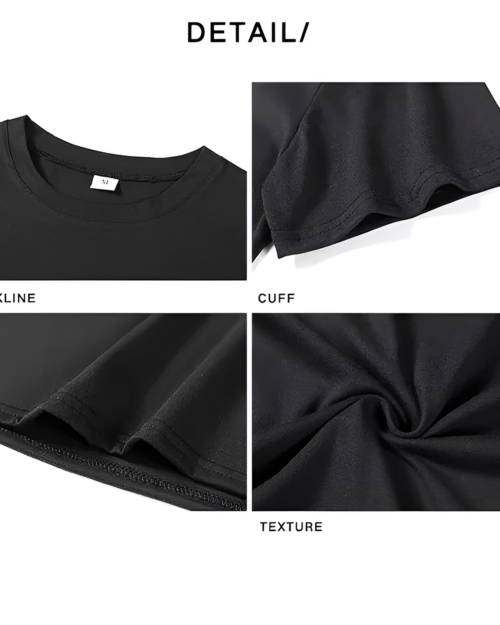 Close-up of a black Madoka Peter Magika T-Shirt showing neckline, cuff, texture, and hem details.
