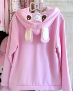 Pink Mezzo Piano hoodie with bear ears, a Yume Kawaii hoodie. Soft pastel color and floral embellishment.