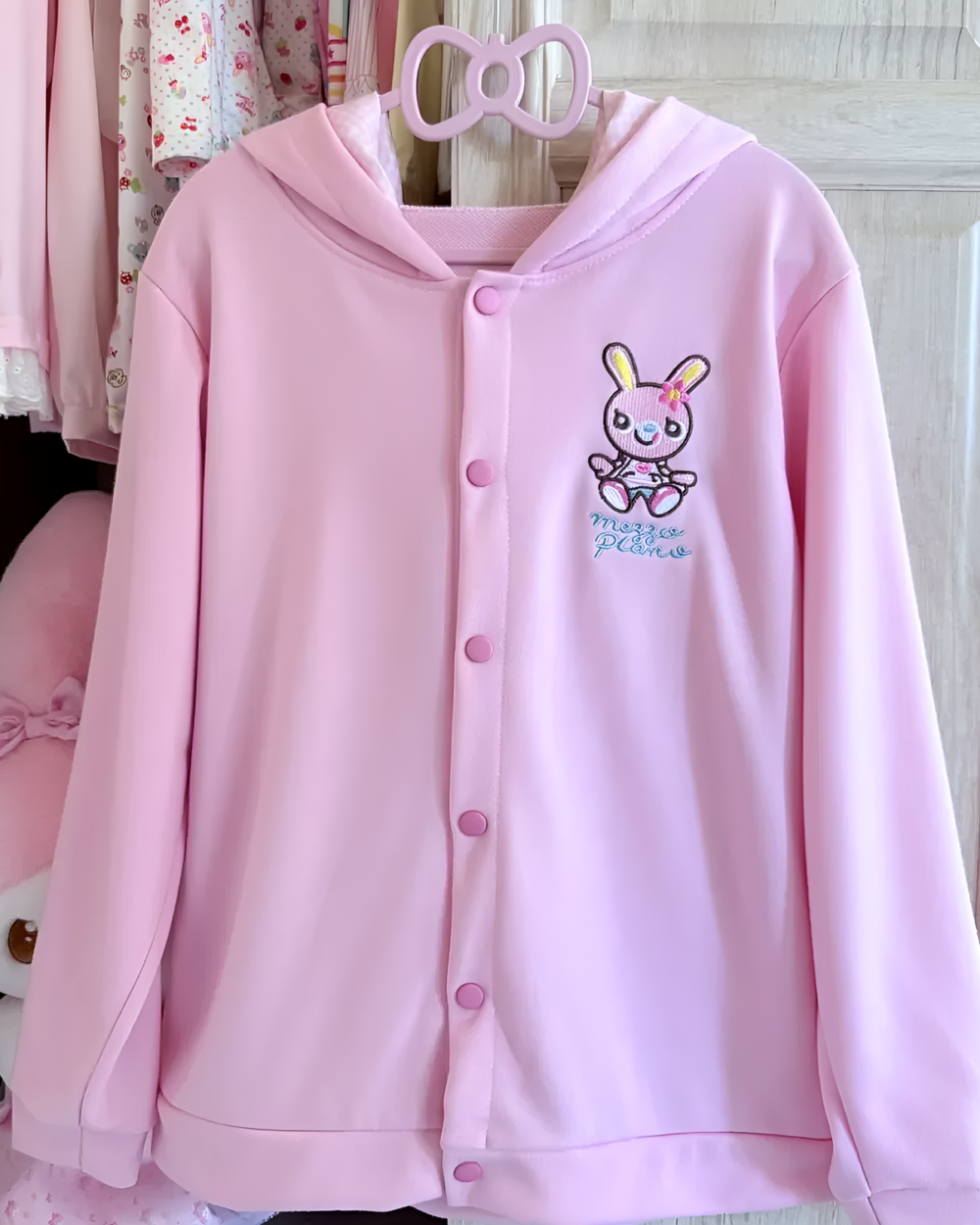Pink Mezzo Piano hoodie featuring a cartoon bunny, a cute Yume Kawaii hoodie perfect for a soft girl aesthetic.