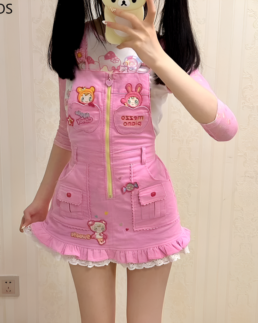 Pink Mezzo Piano dress with cartoon bear details and ruffle trim. Jojifuku aesthetic style.