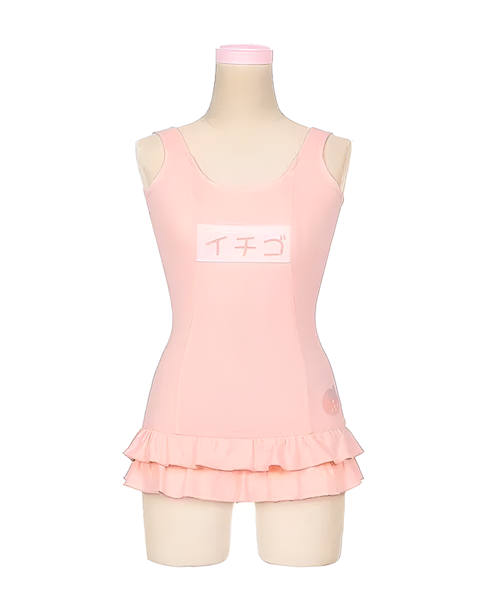 Pink animecore swimsuit featuring a strawberry graphic and frilled hem, displayed on a mannequin.