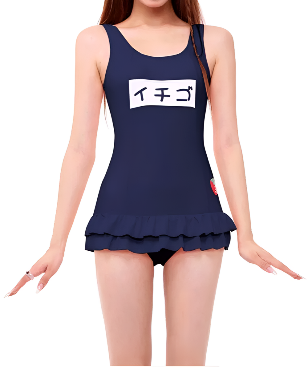 Woman wearing a navy blue one-piece animecore swimsuit with a ruffled skirt. Features Japanese text on the chest.